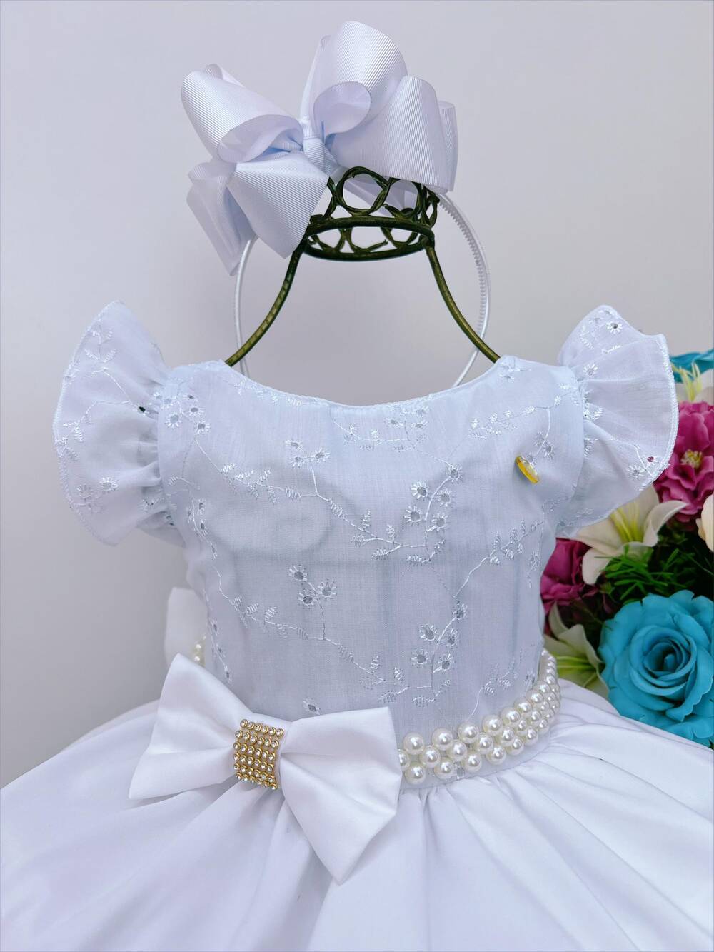 Vestido Infantil Branco C/ Renda Pérolas e Strass Luxo