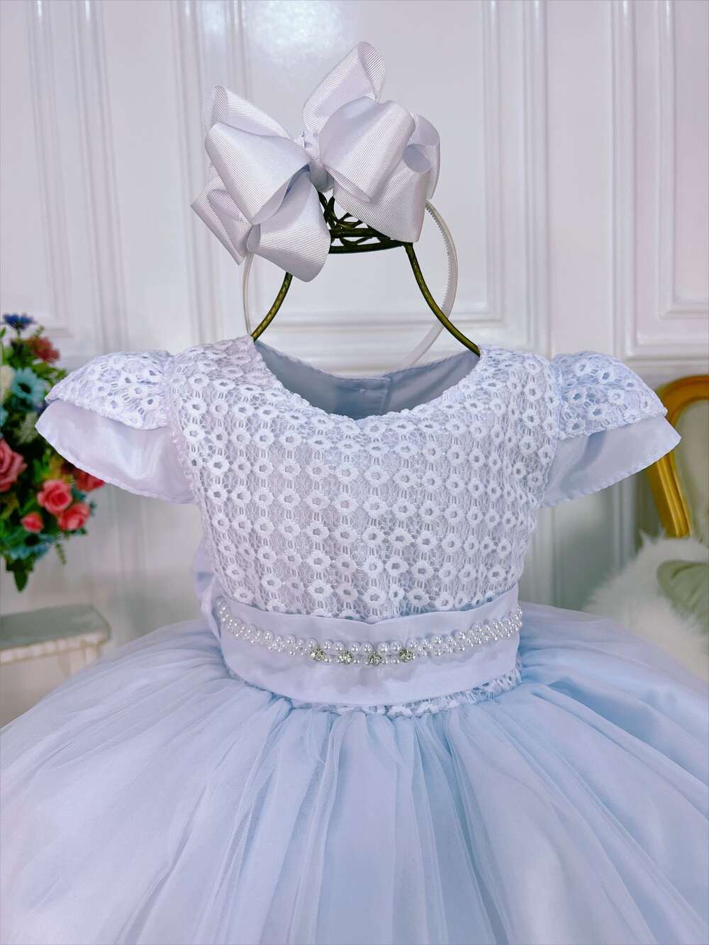 Vestido Infantil Branco Renda C/ Cinto Pérolas Strass Luxo