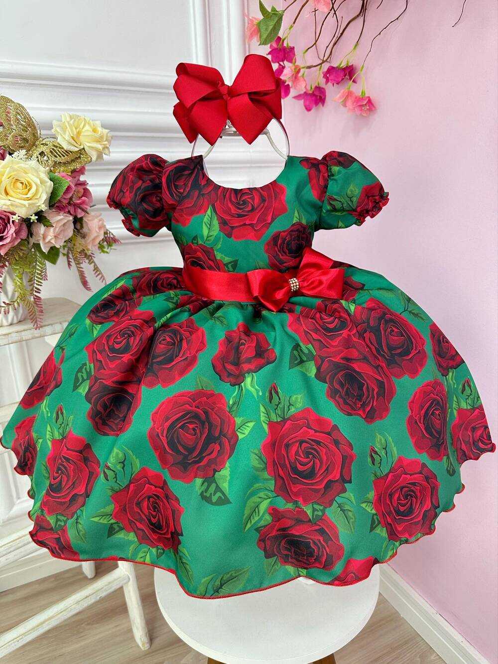 Vestido Infantil Verde Florido de Rosas Natal Festas Luxo