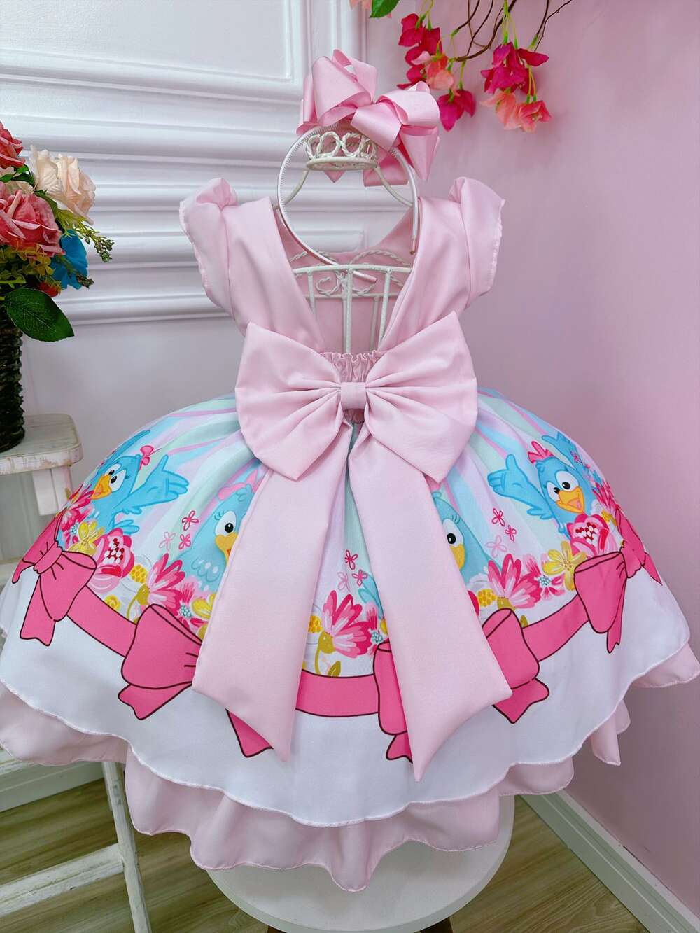 Vestido Infantil Galinha Pintadinha Rosa Peito Com Strasss