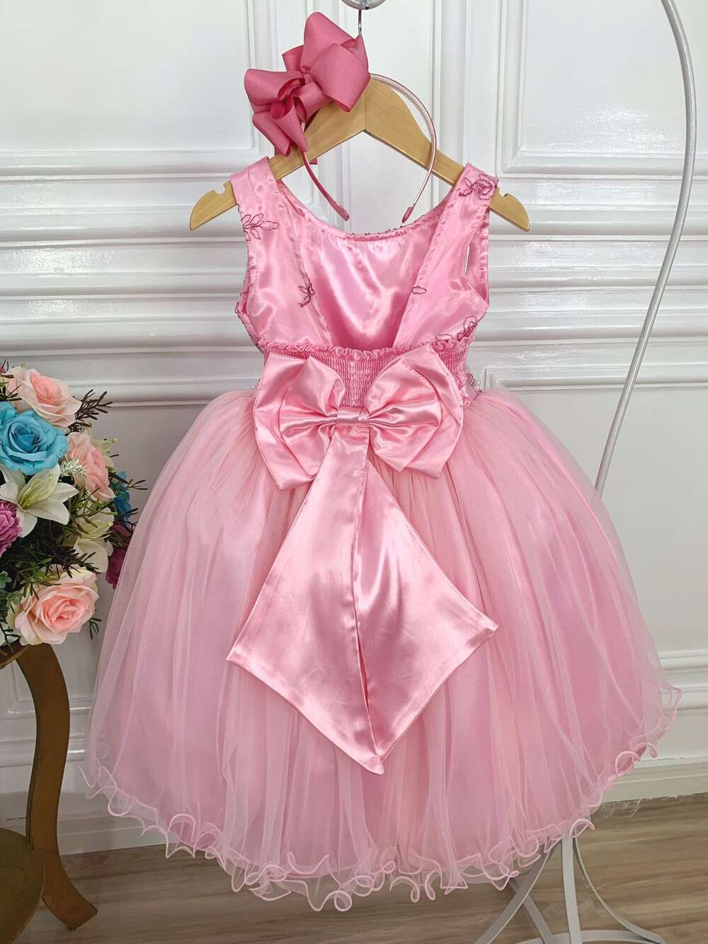 Vestido Infantil Rosa Damas de Honra Cinto Pérola Strass