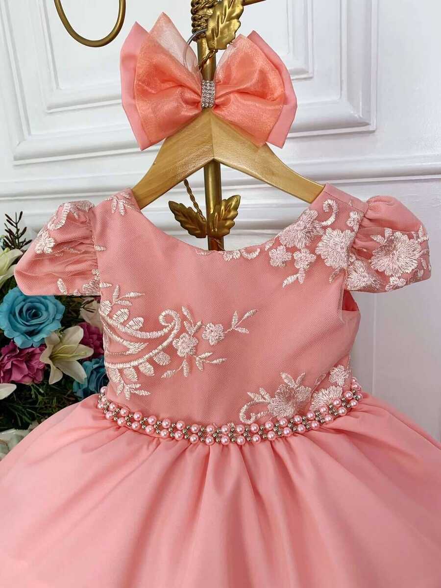 Vestido Infantil Goiaba C/ Renda e Cinto de Pérolas Laço