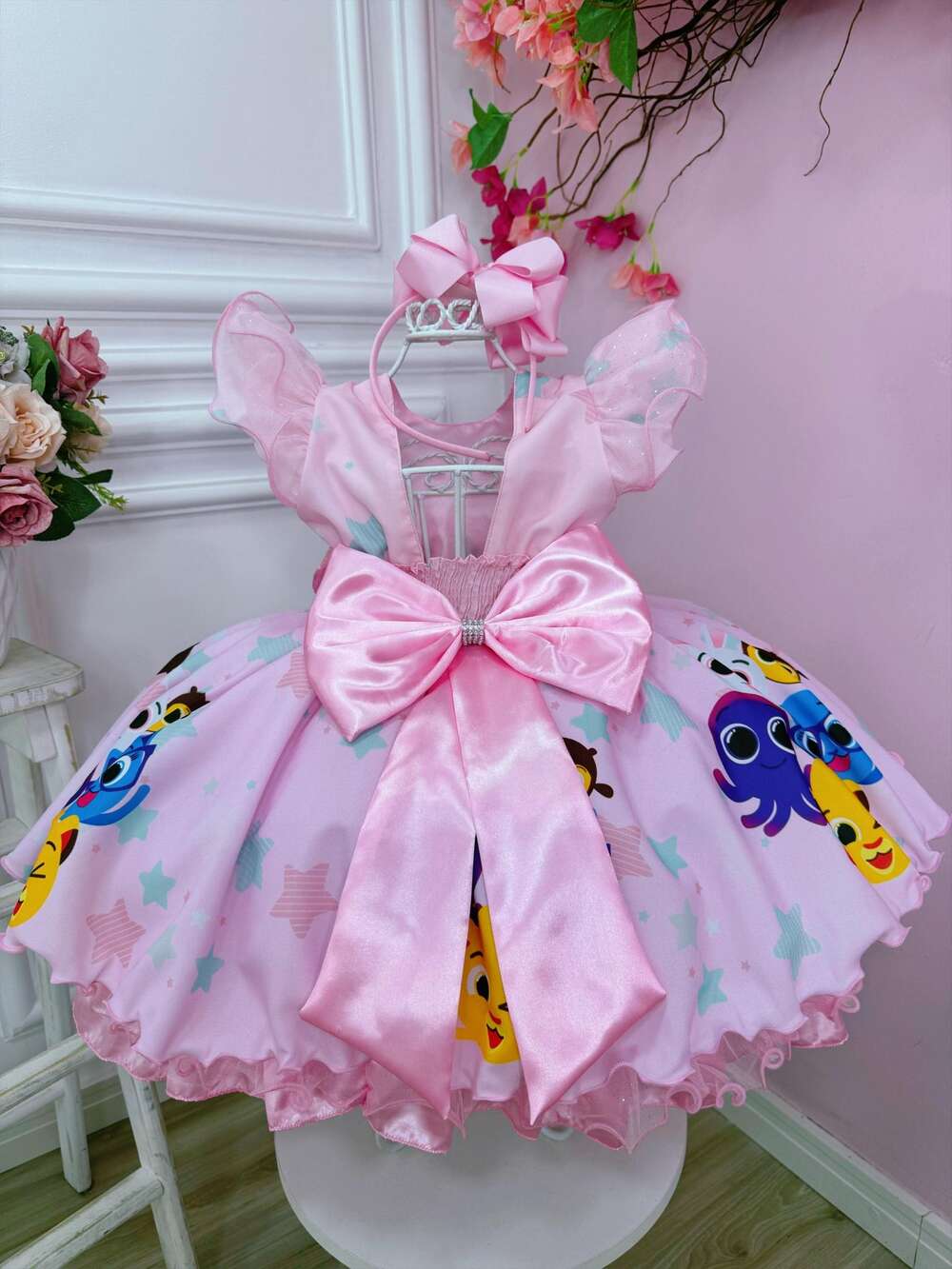 Vestido Infantil Bolofofos Rosa C/ Broche de Lacinho Luxo