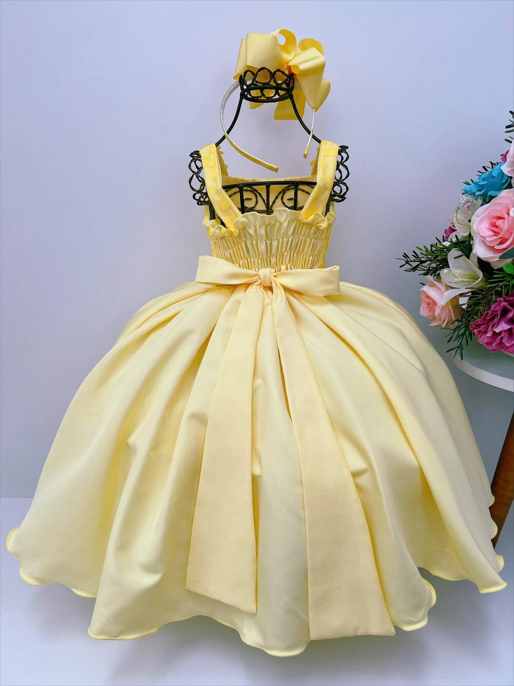 Vestido Infantil Amarelo Bolinhas Aplique Festa Strass Luxo