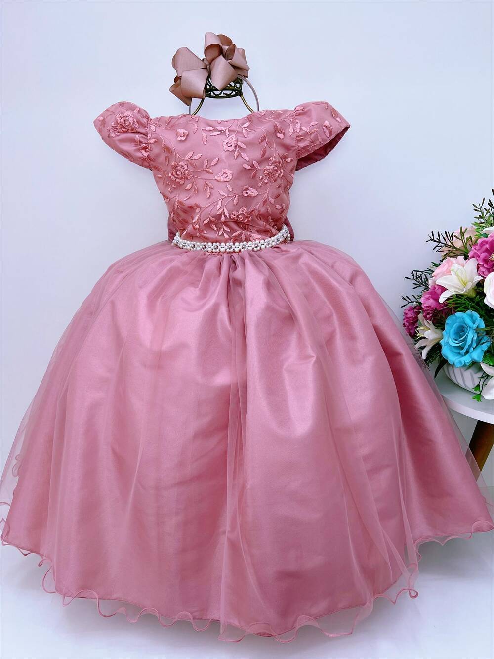 Vestido Infantil Rose Renda Damas Honra Casamentos Pérola