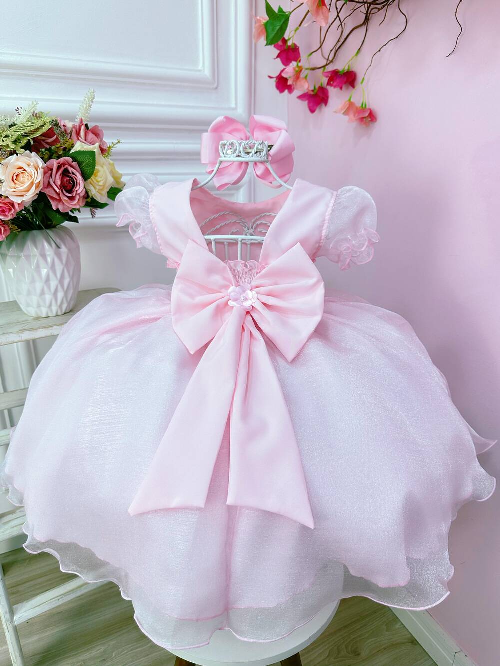 Vestido Infantil Rosa Bebê Princesa Bela Adormecida C/ Flores