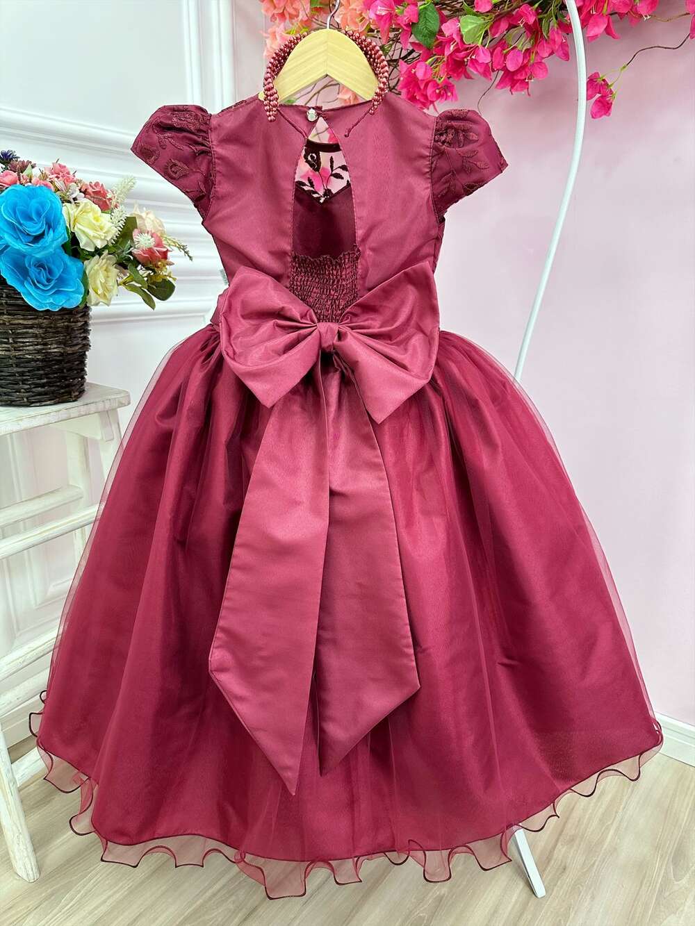 Vestido Infantil Damas Honra Casamento Marsala Renda Pérola