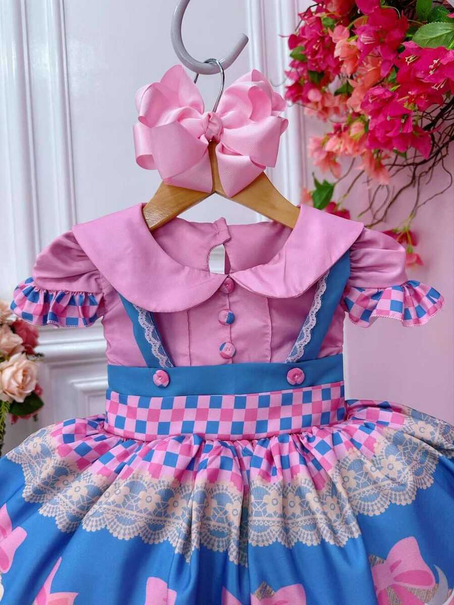 Vestido Infantil Rosa Fazendinha Bichos Aplique Botões