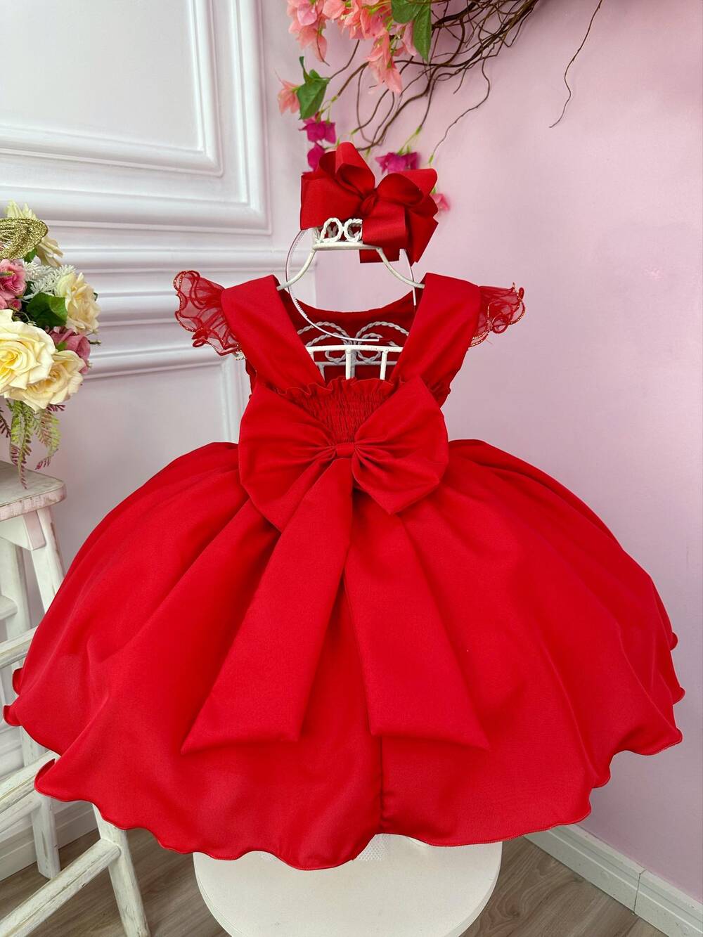 Vestido Infantil Vermelho Busto Plissado Strass Flores Natal