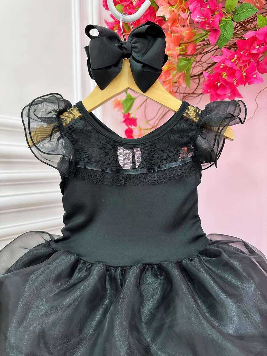 Vestido Infantil Wandinha Preto Com Babados Luxo