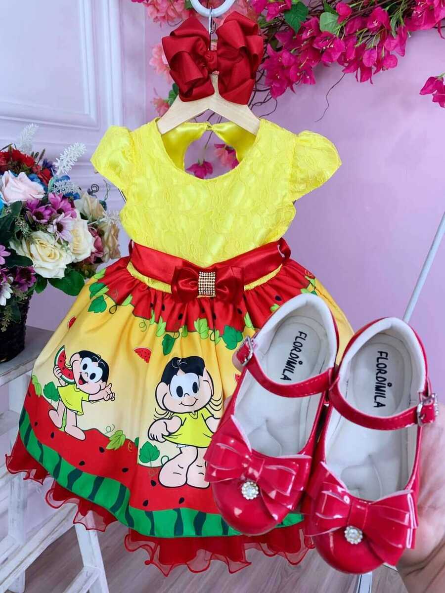 Vestido Infantil Magali Melancias Amarelo C/ Renda Strass