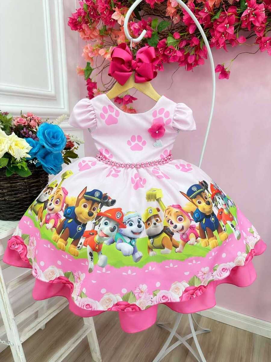 Vestido Infantil Patrulha Canina Rosa Barrado Chiclete