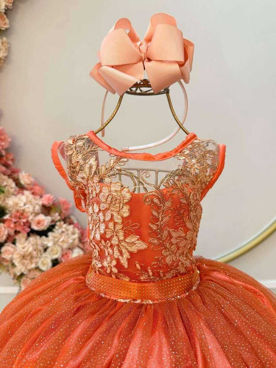 Vestido Infantil Terracota C/ Renda Metalizada Tule Glitter