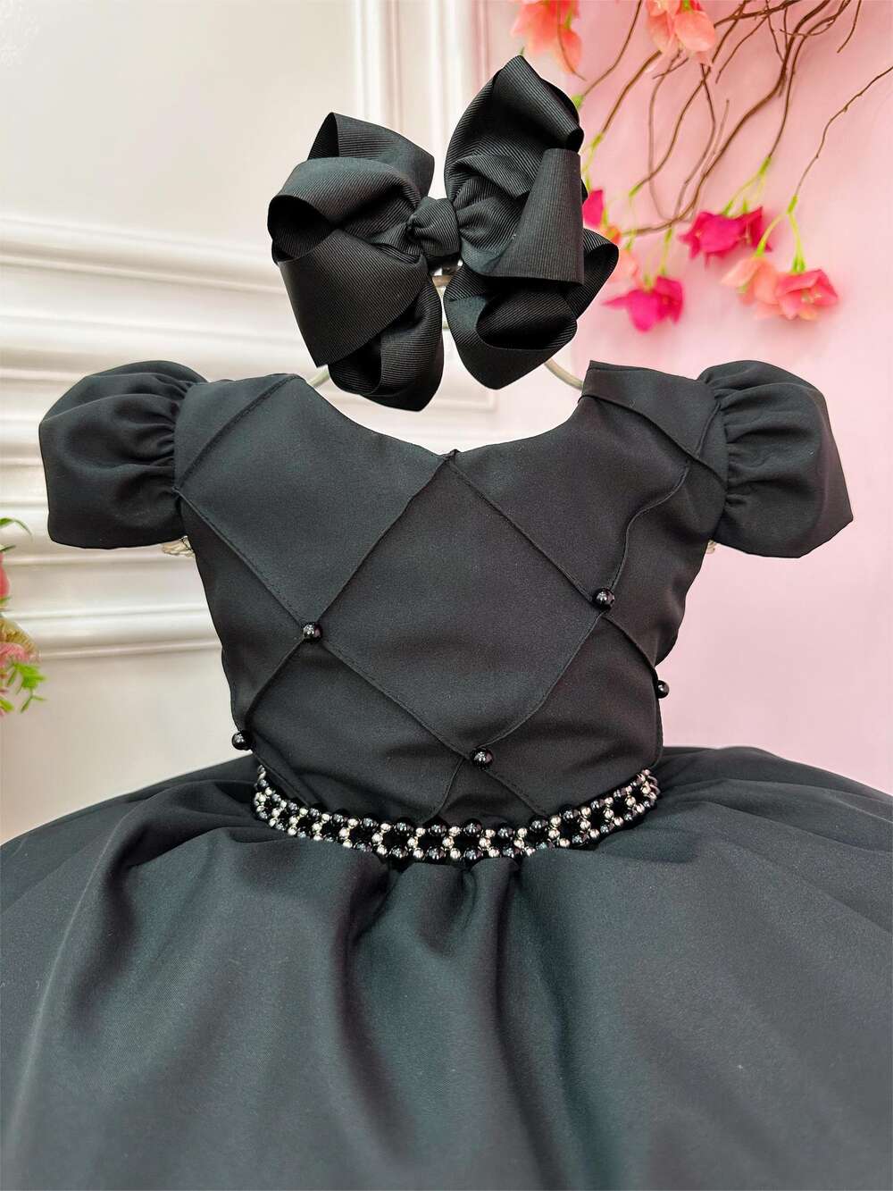 Vestido Infantil Preto C/ Cinto de Pérolas Casamentos