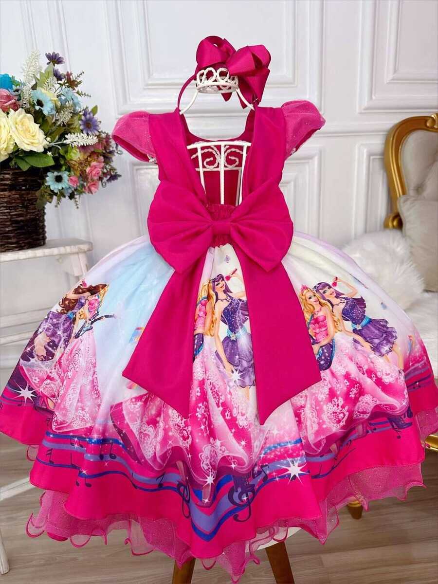 Vestido Infantil Princesa Festa da Barbie Pink Peito Glitter