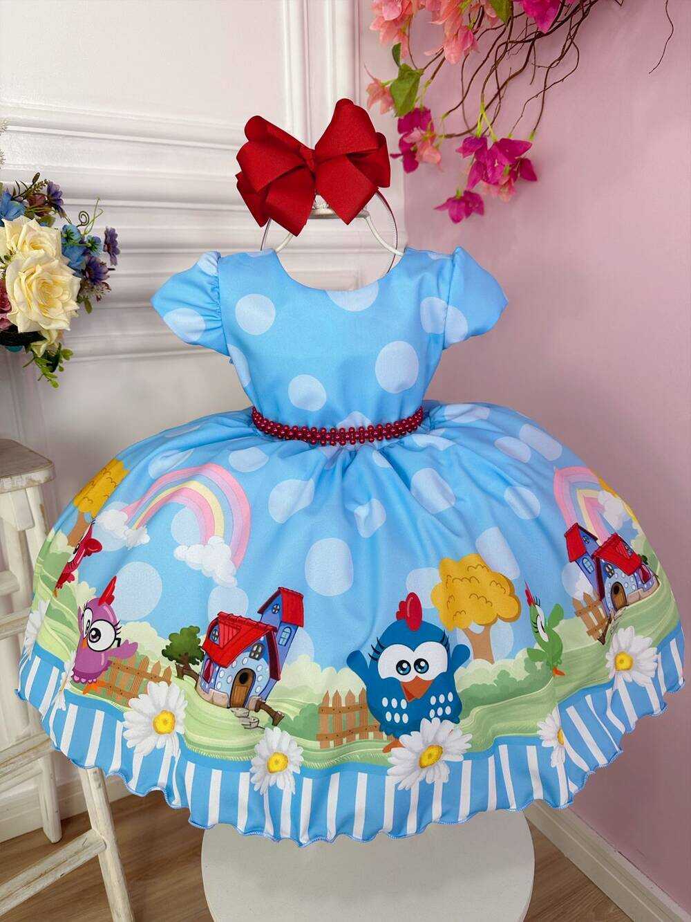 Vestido Infantil Azul Galinha Pintadinha na Fazenda Luxo