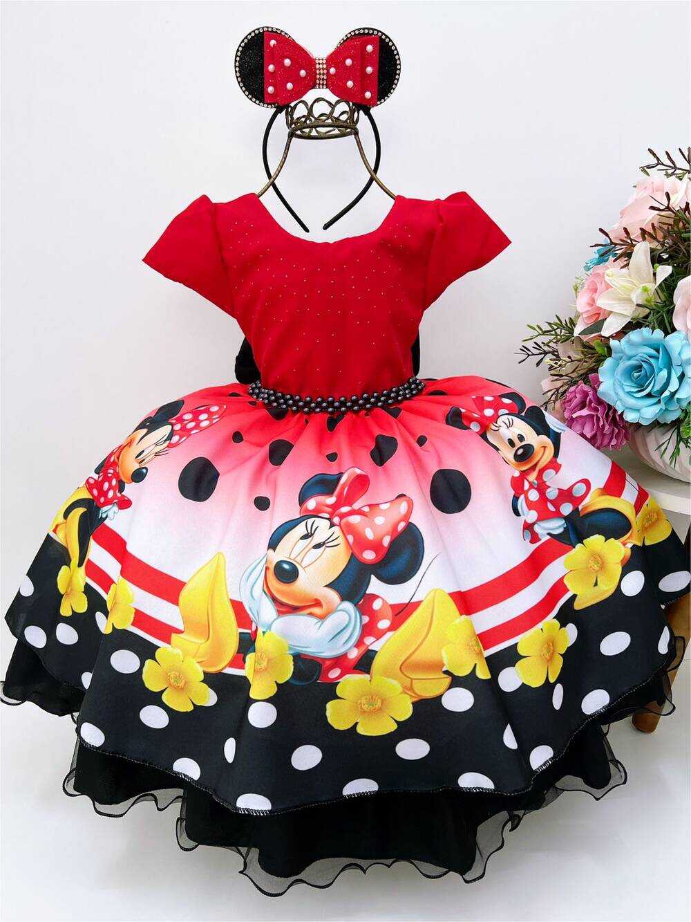 Vestido Infantil Minnie Vermelha Bolas Cinto e Pérolas Luxo