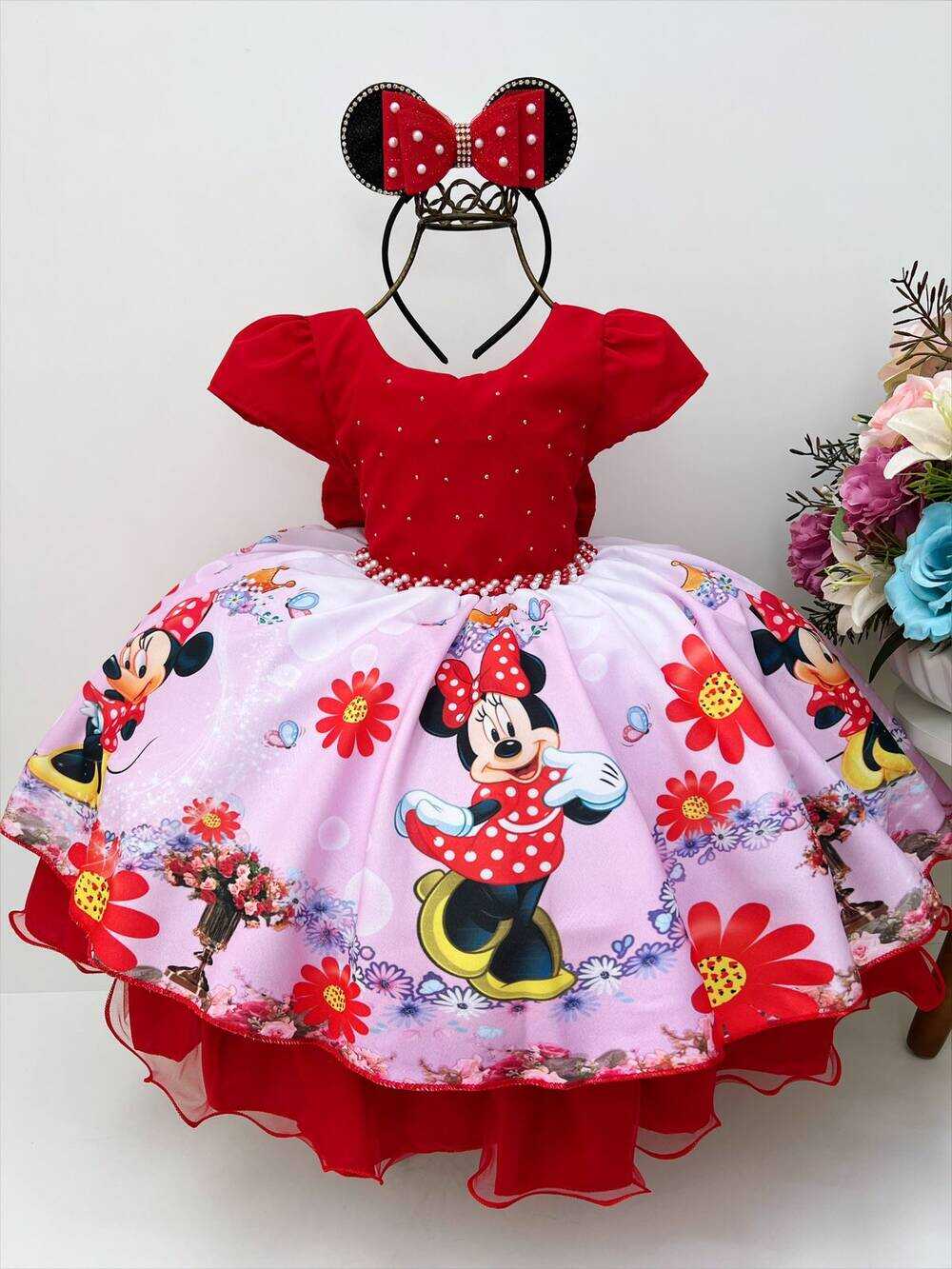 Vestido Infantil Minnie Vermelha Florido Strass e Pérolas