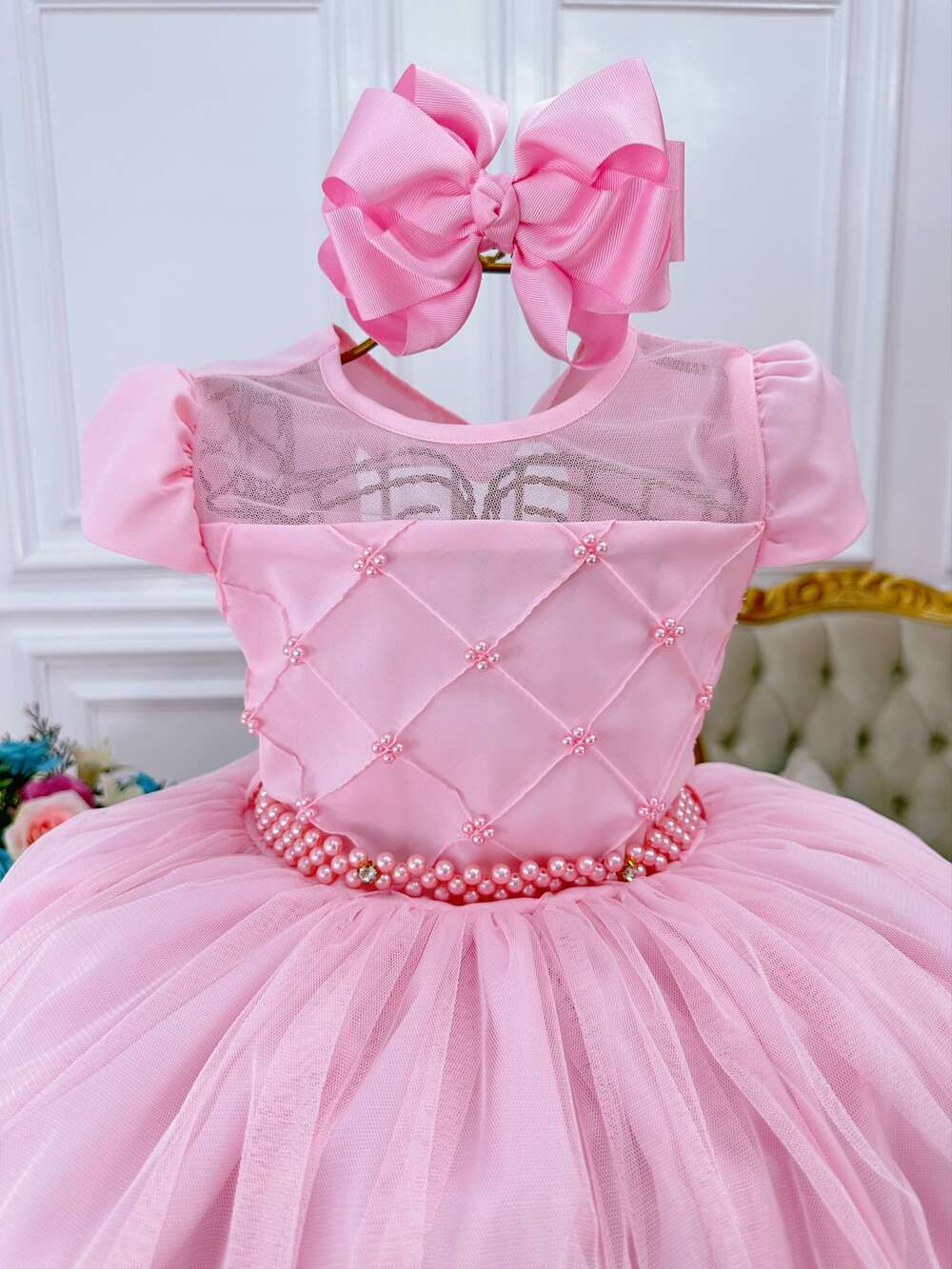 Vestido Infantil Rosa Bebê C/ Busto Nervura e Pérolas Damas