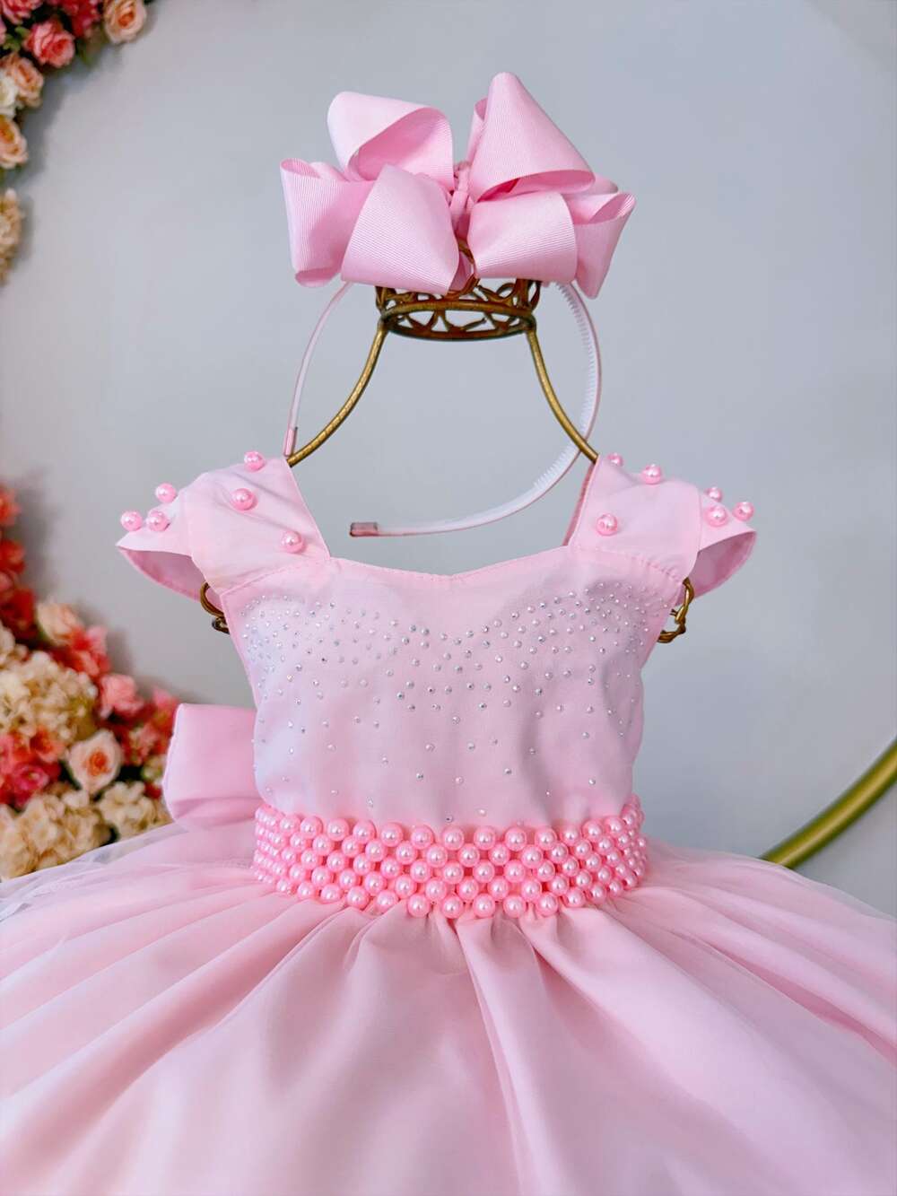 Vestido Infantil Rosa Saia Organza e Busto C/ Strass Luxo