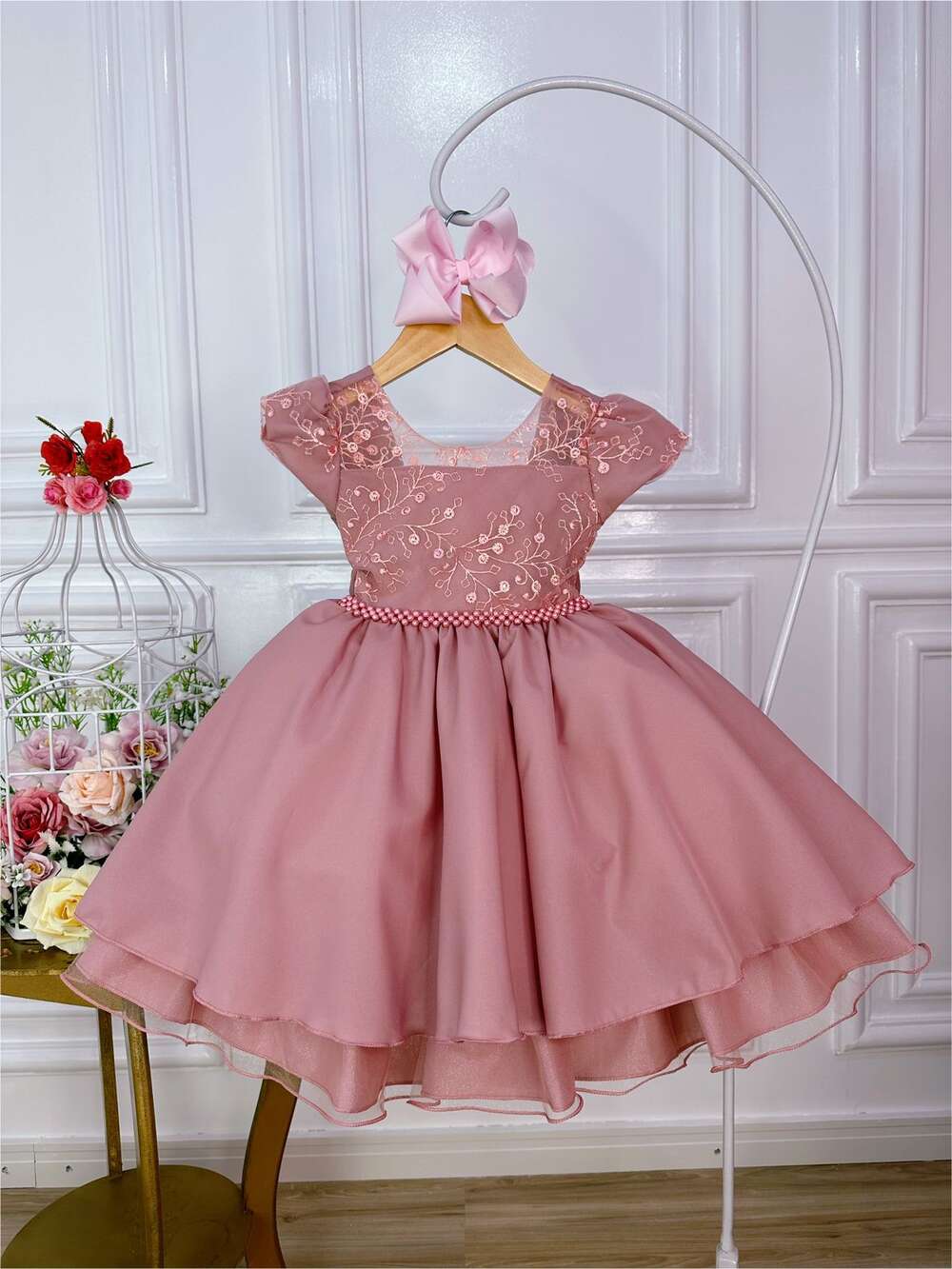 Vestido Infantil Rose e Renda Com Pérolas Luxo