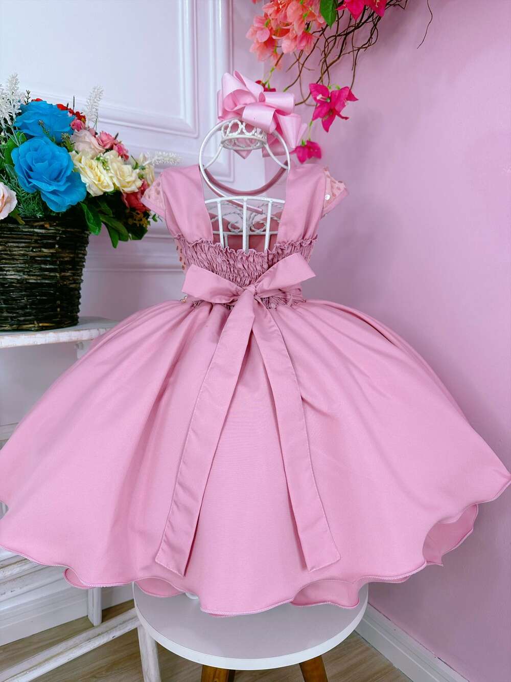 Vestido Infantil Rose Tule C/ Paetê Damas e Cinto de Pérolas