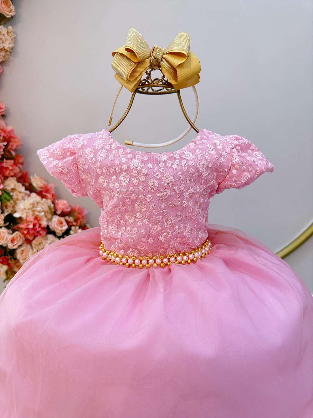 Vestido Infantil Rosa C/ Renda e Cinto de Pérolas Festas Luxo