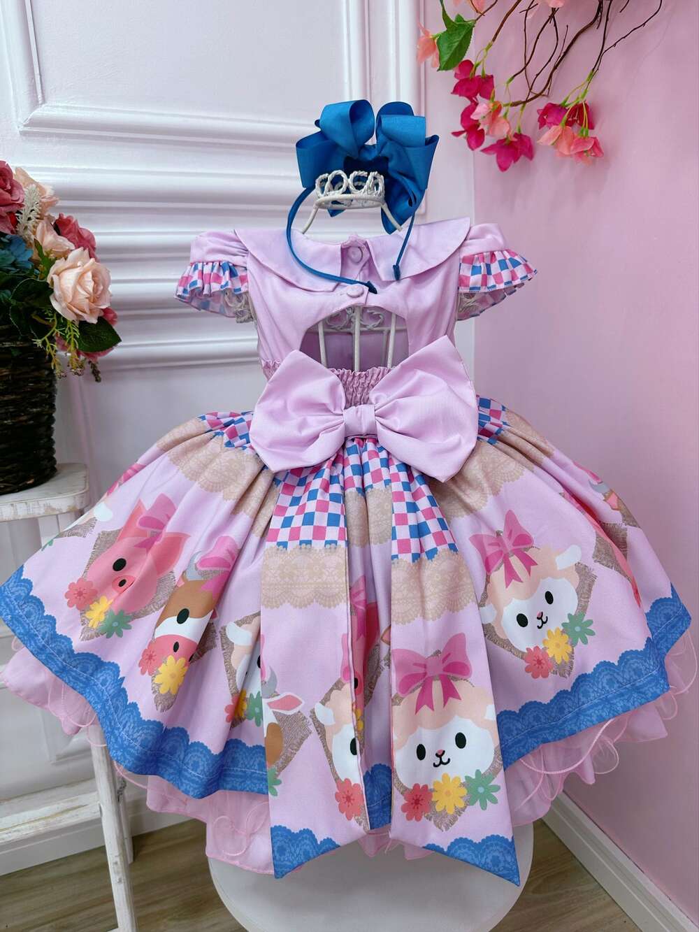 Vestido Infantil Rosa Bebê Fazendinha Bichos Aplique Botões