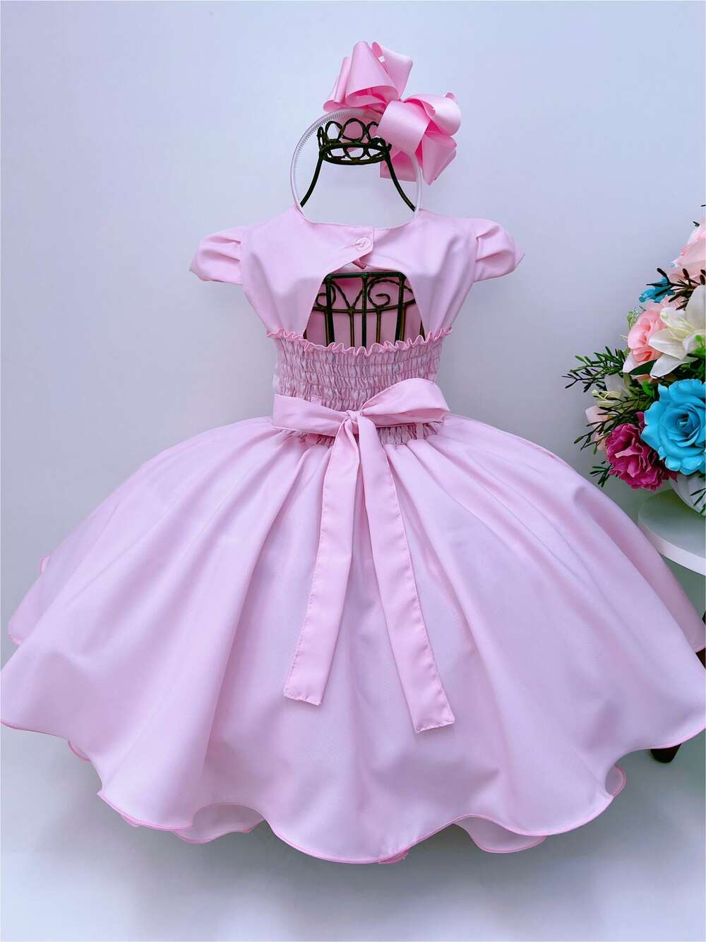 Vestido Infantil Rosa C/ Renda Aplique flores Pérolas Luxo