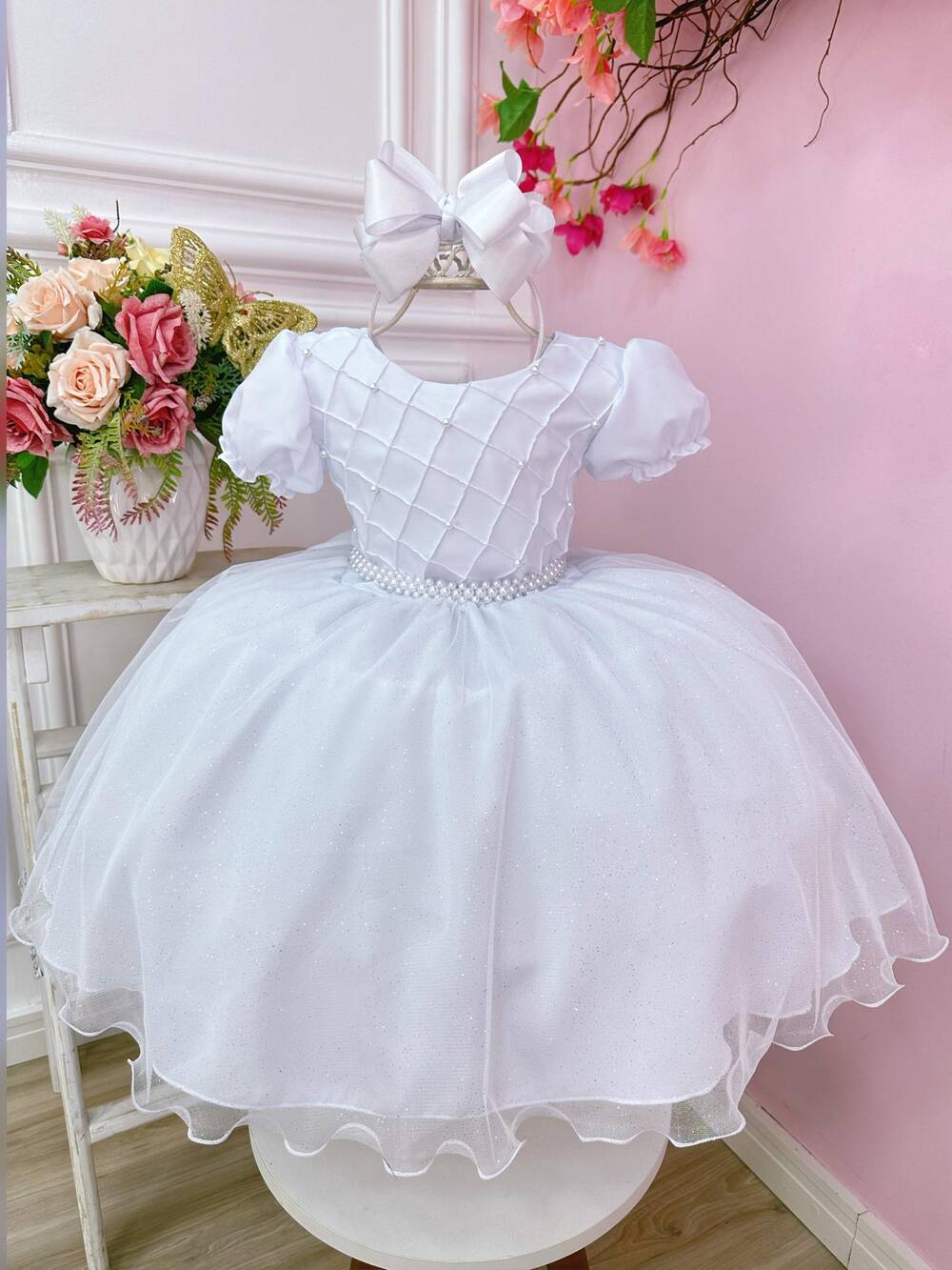 Vestido Infantil Branco Busto Nervura C/ Pérolas Festas