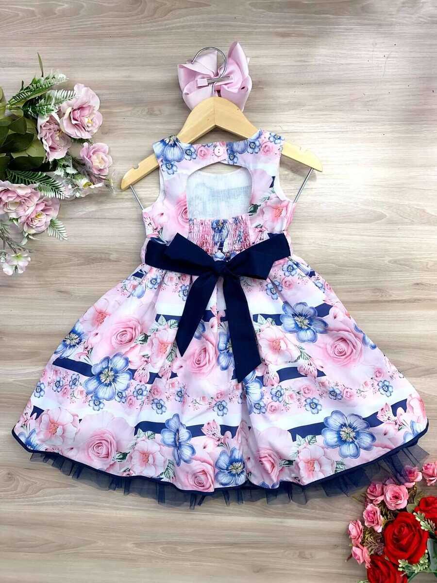 Vestido Infantil Floral Rosa e Azul Marinho Pérolas Strass