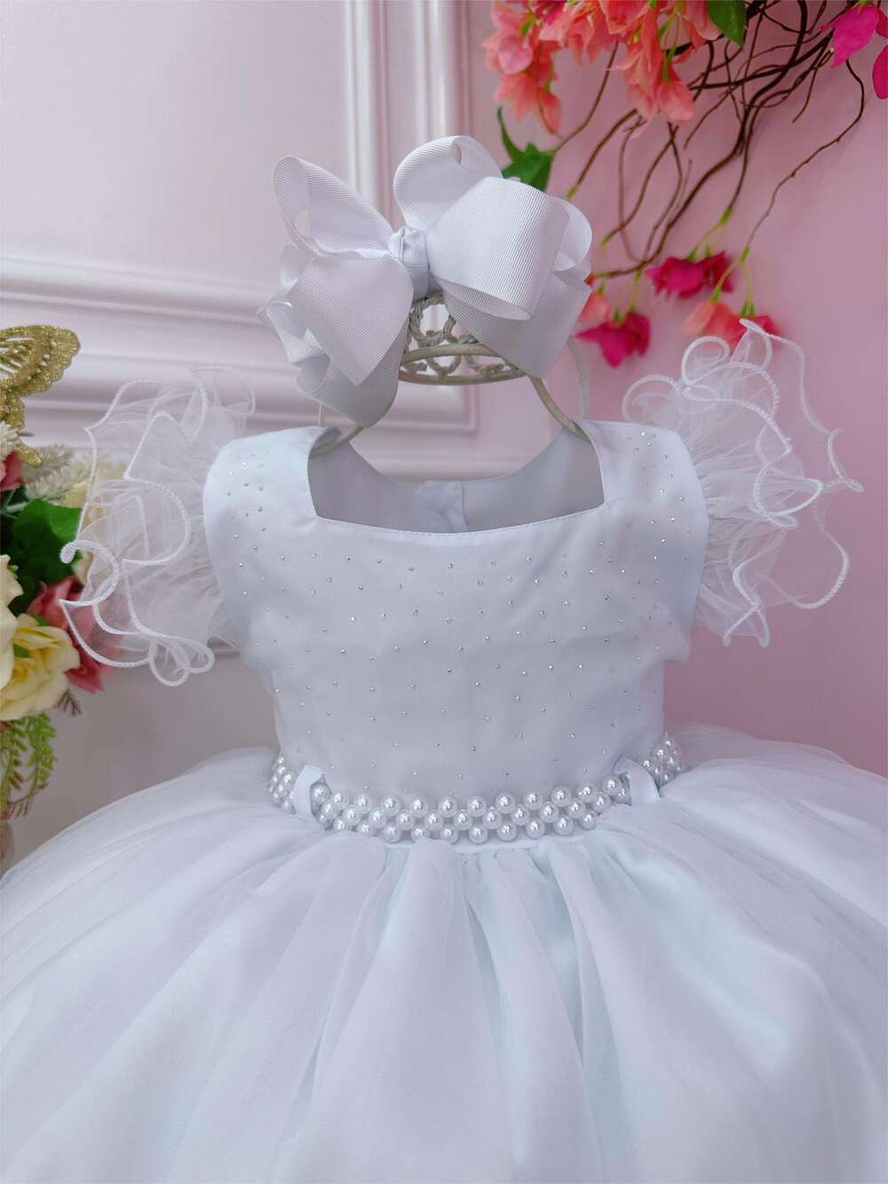 Vestido Infantil Branco C/ Strass no Busto e Cinto de Pérolas