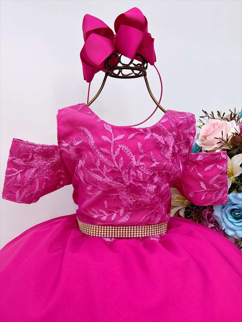 Vestido Infantil Pink Renda Cinto Strass Luxo