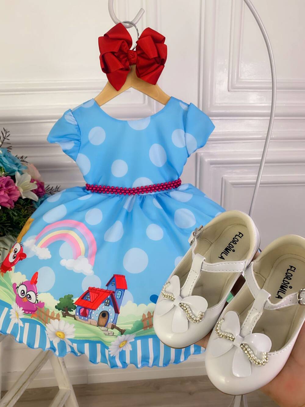 Vestido Infantil Azul Galinha Pintadinha na Fazenda Luxo