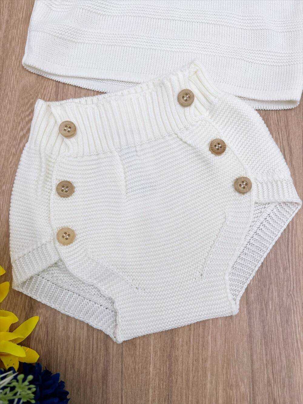 Conjunto Baby Camisa e Tapa Fralda Tricot Meninos Marfim