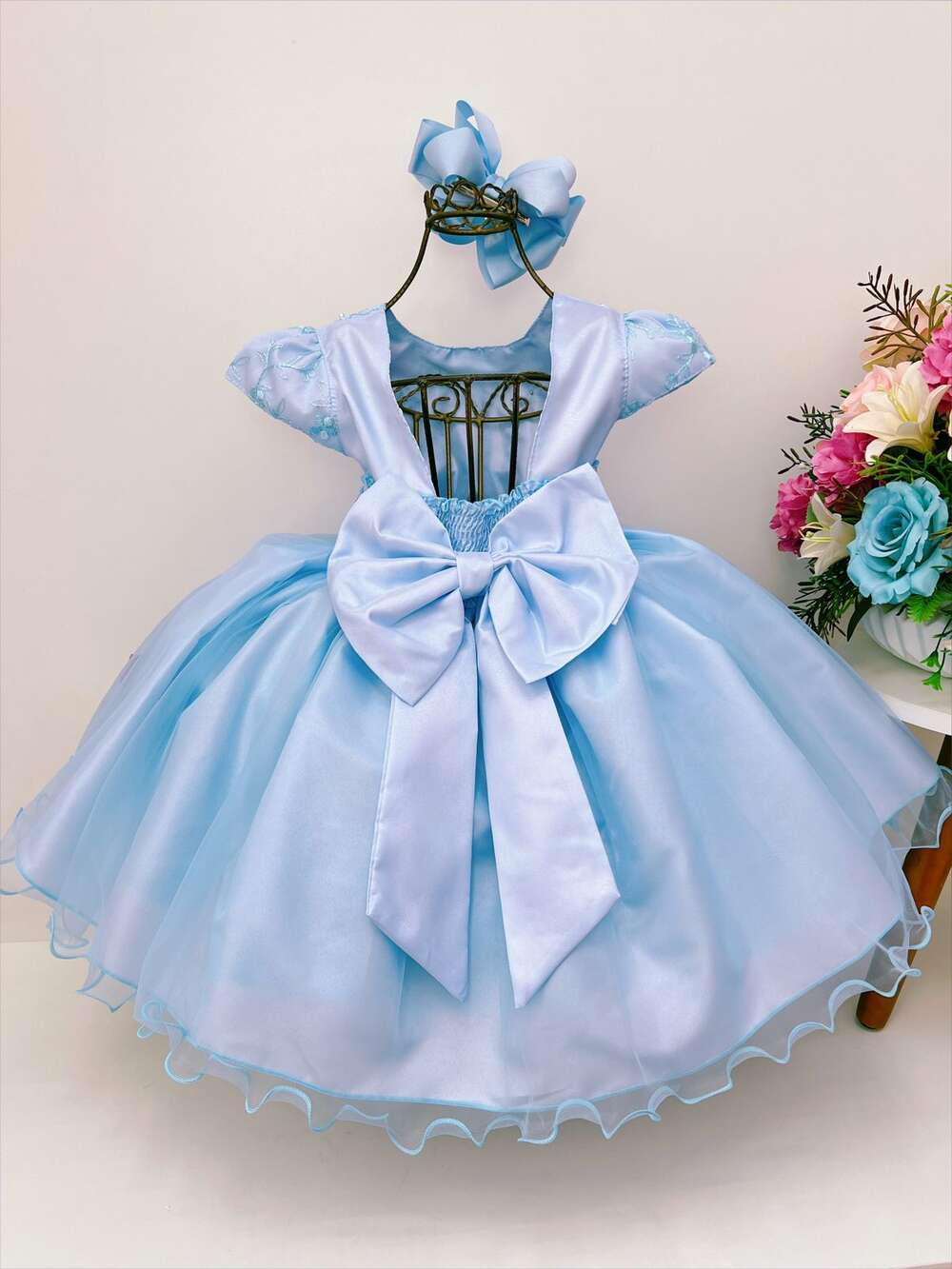 Vestido Infantil Azul Renda Aplique Flores Borboletas Perolas