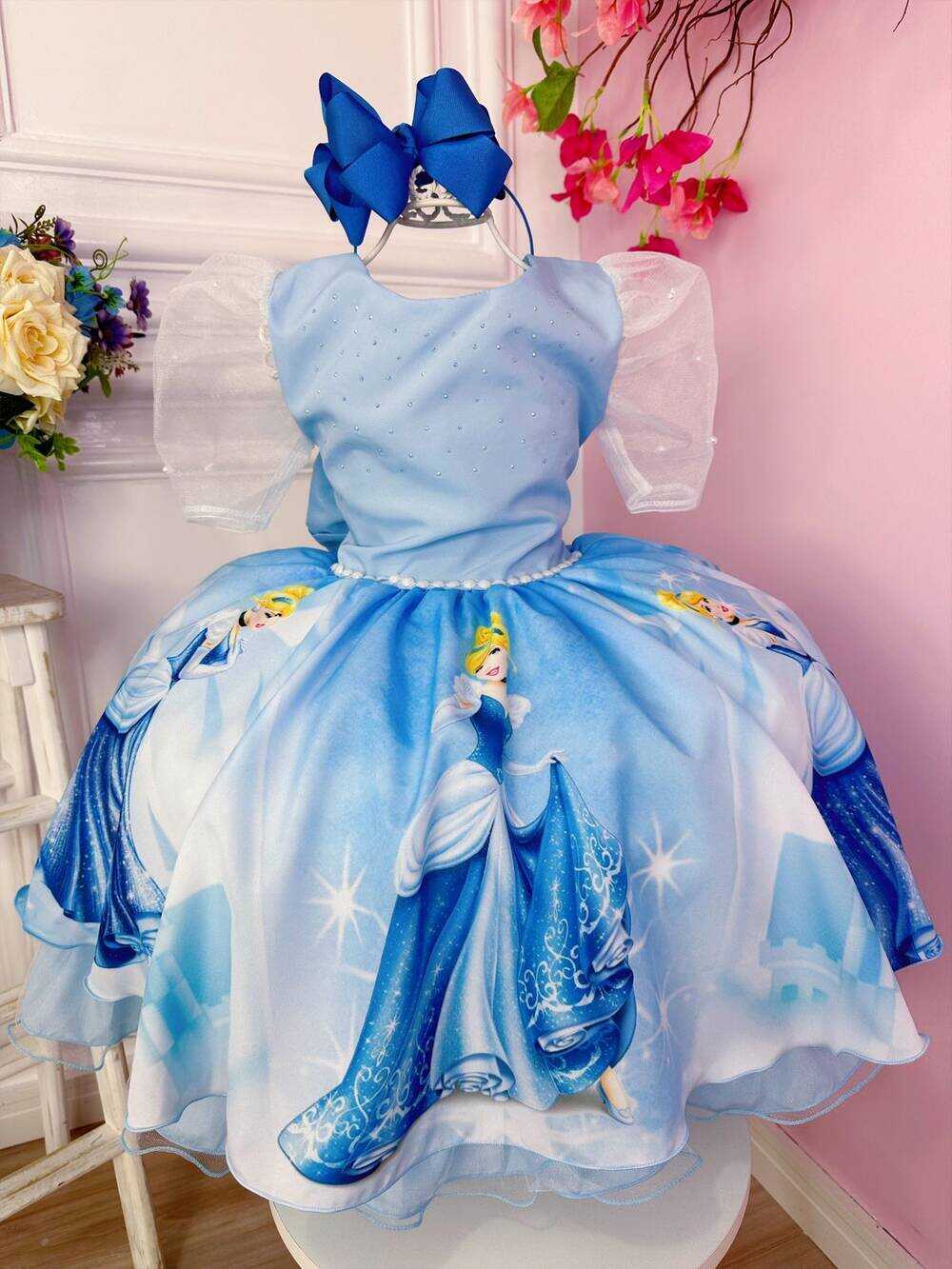 Vestido Infantil Princesa Cinderela Azul C/ Peito Strass