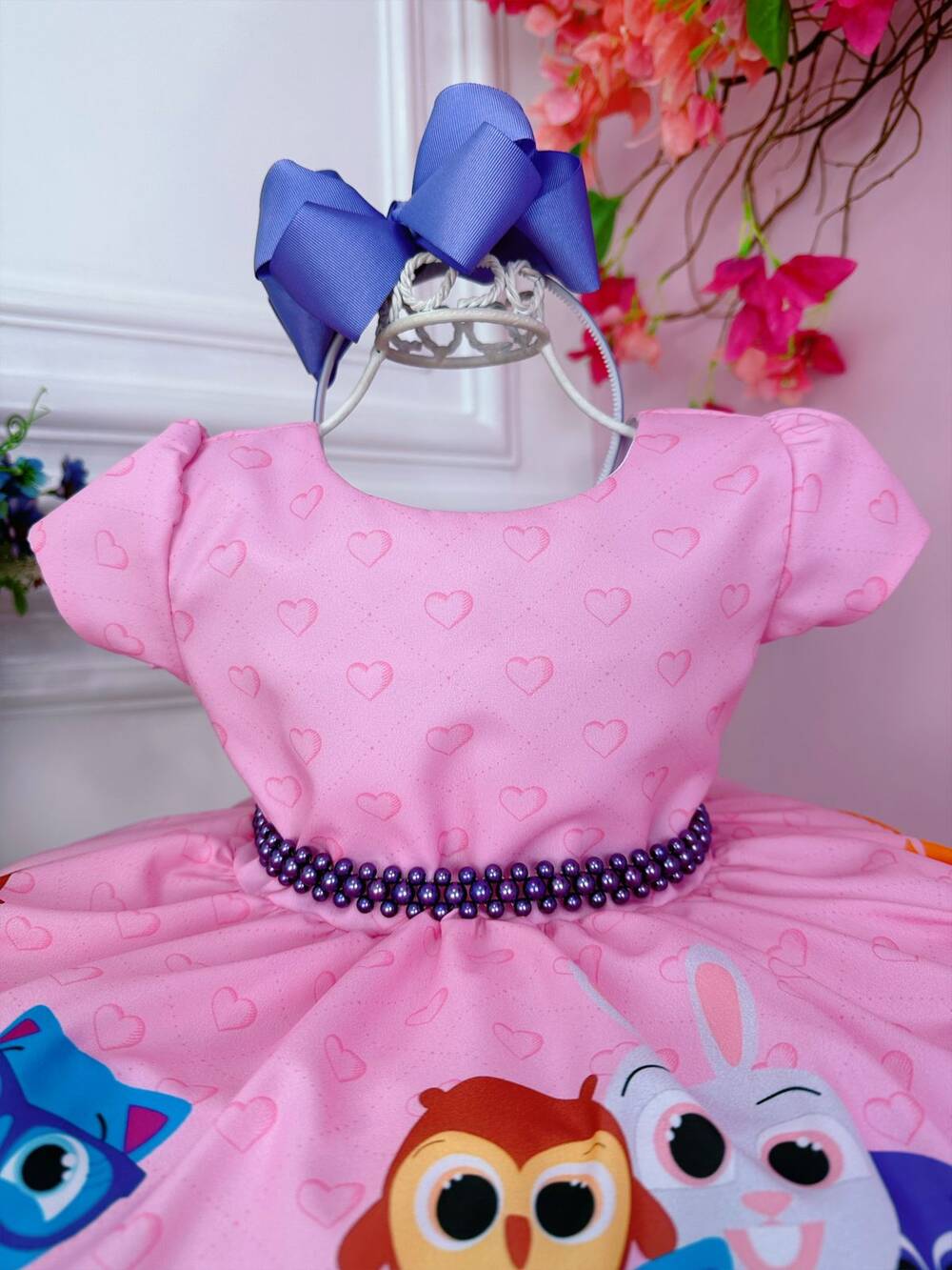 Vestido Infantil Rosa Bolofofos Florido C/ Cinto de Pérolas