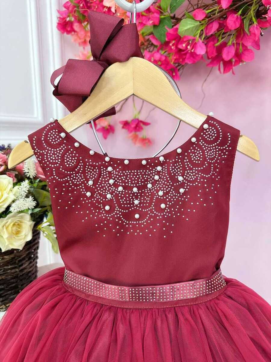 Vestido Infantil Damas de Honra Longo Marsala Strass Pérolas