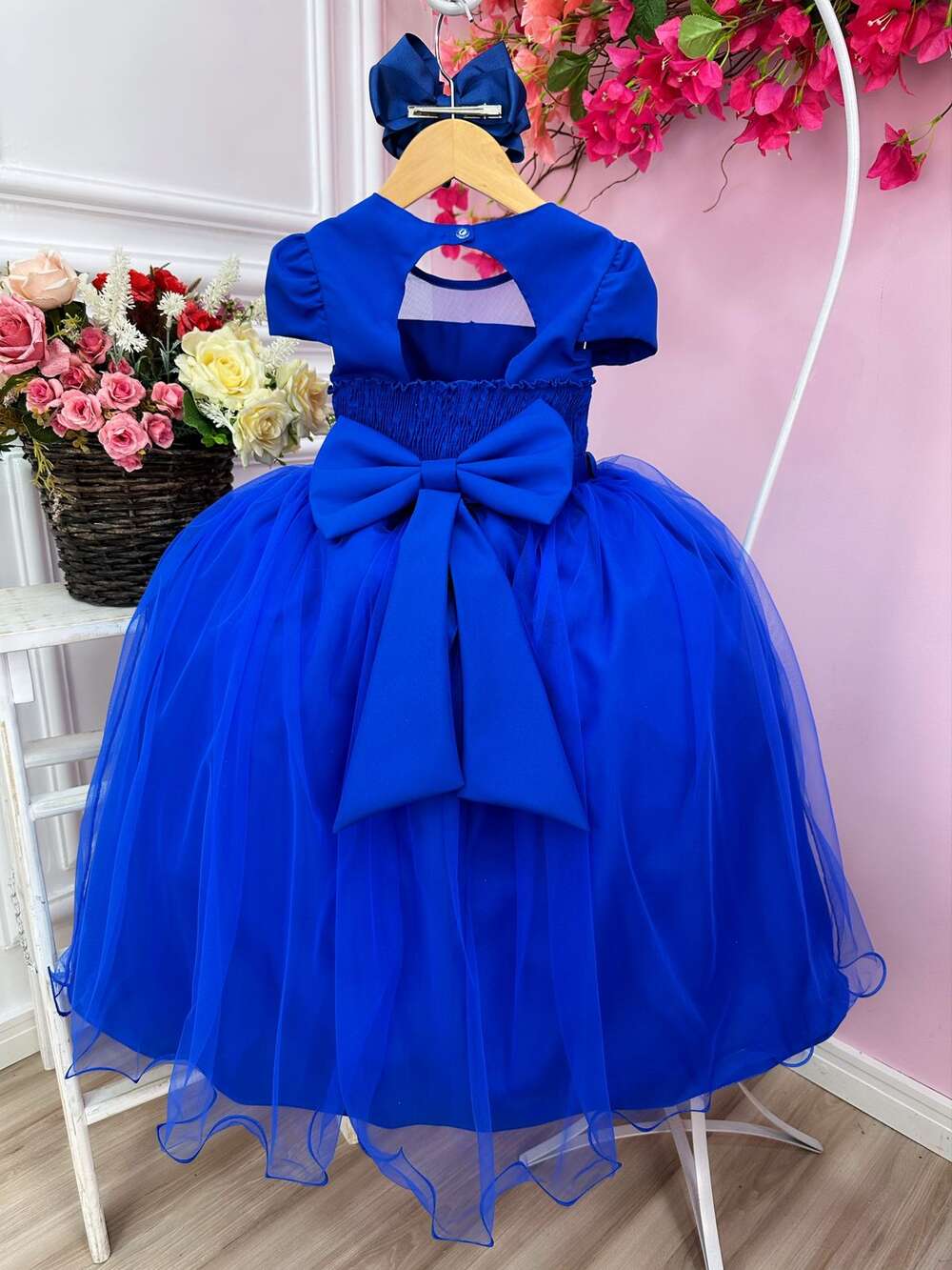 Vestido Infantil Azul Royal C/ Busto Nervura e Pérolas Damas