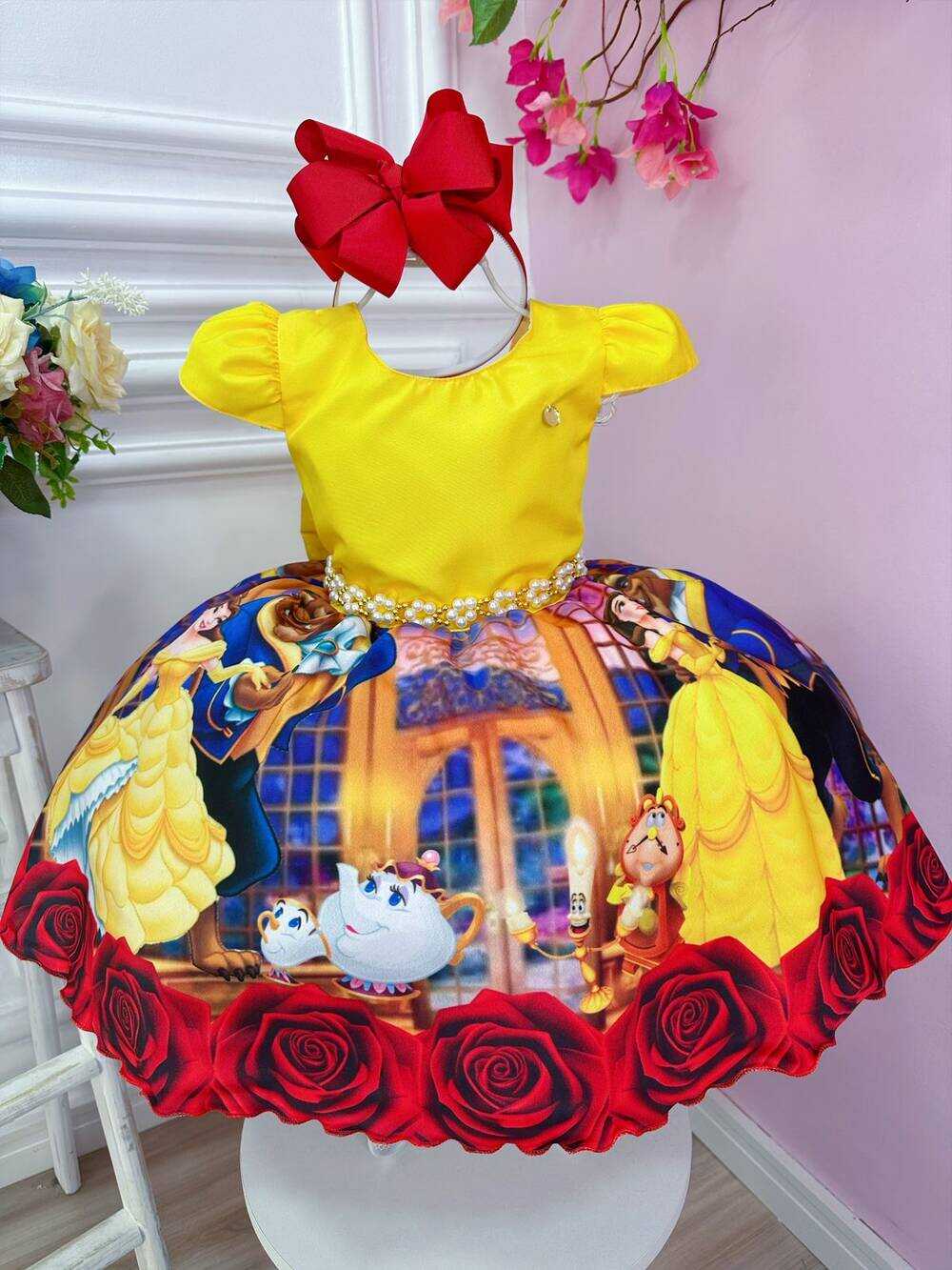 Vestido Infantil Bela e a Fera Amarelo C/ Cinto de Pérolas