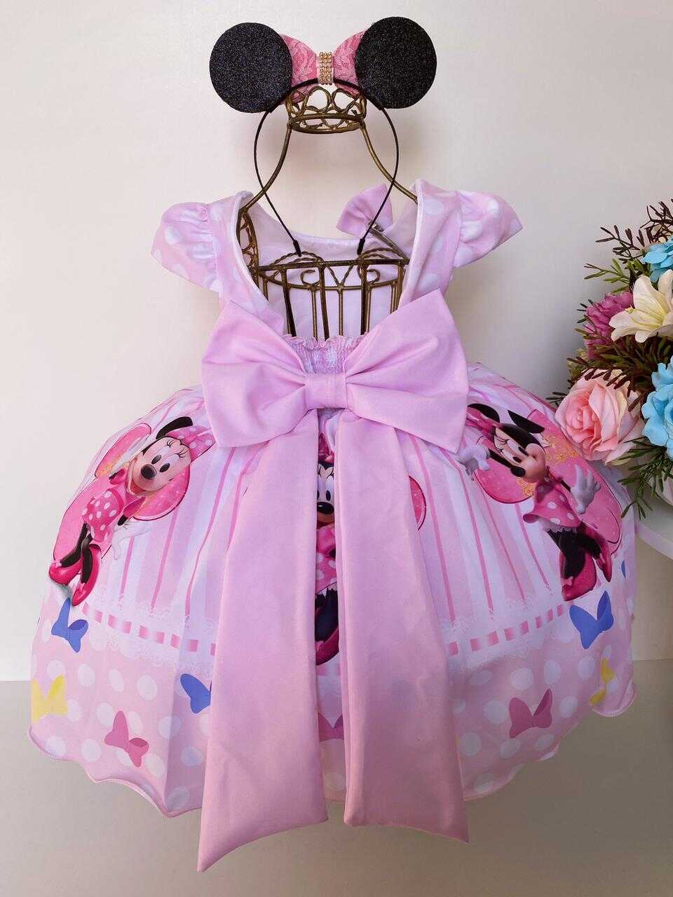 Vestido Infantil Minnie C/ Laço Para Cabelo Rosa Luxo