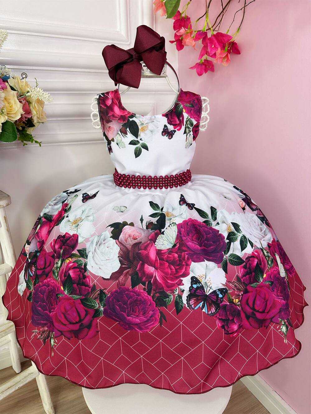 Vestido Infantil Branco Marsala Jardim das Borboletas Luxo