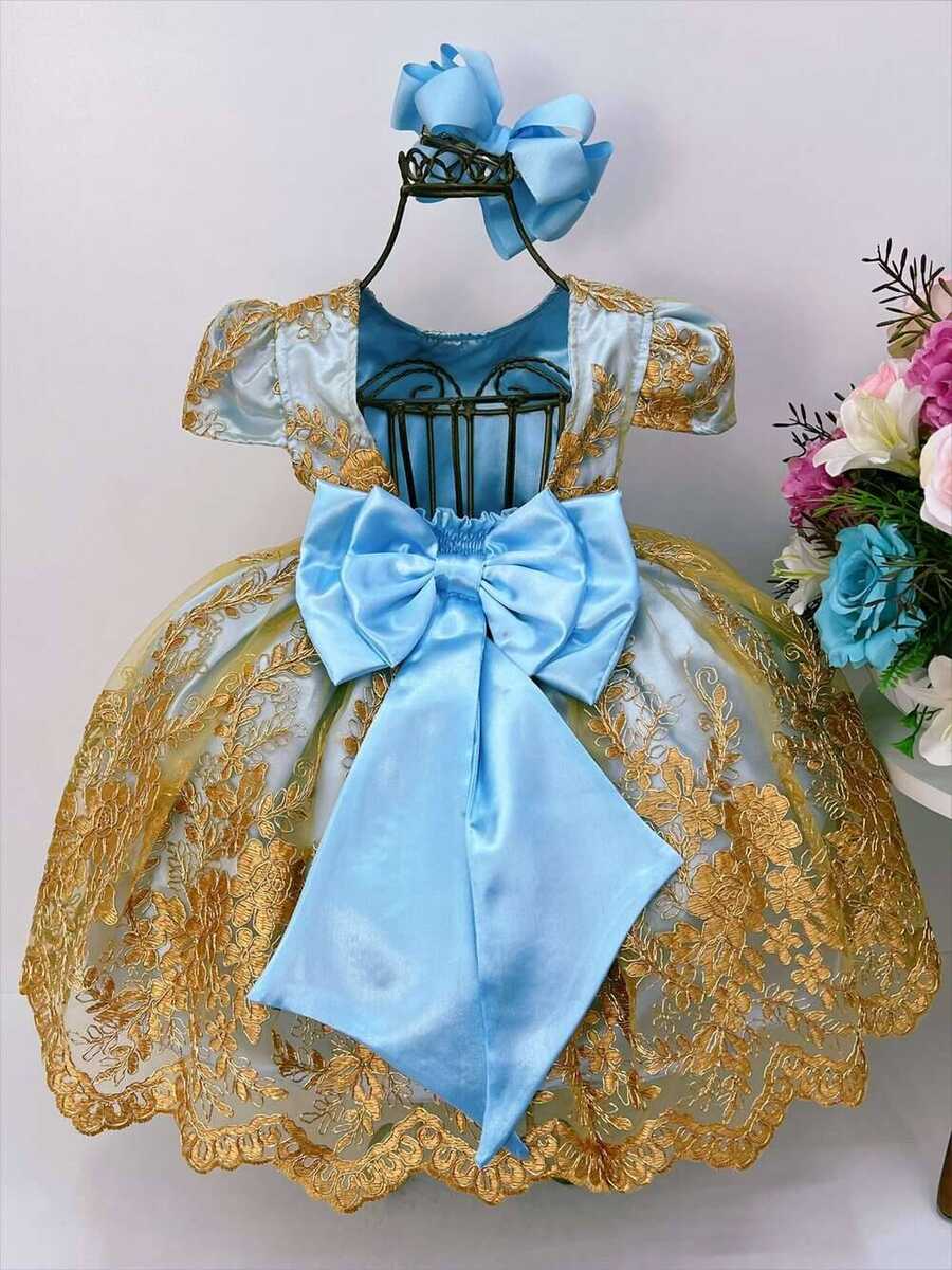 Vestido Infantil Azul Bebê Renda Dourada Realeza Damas