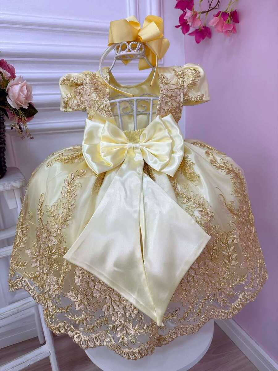 Vestido Infantil Amarelo Renda Realeza e Aplique Borboletas