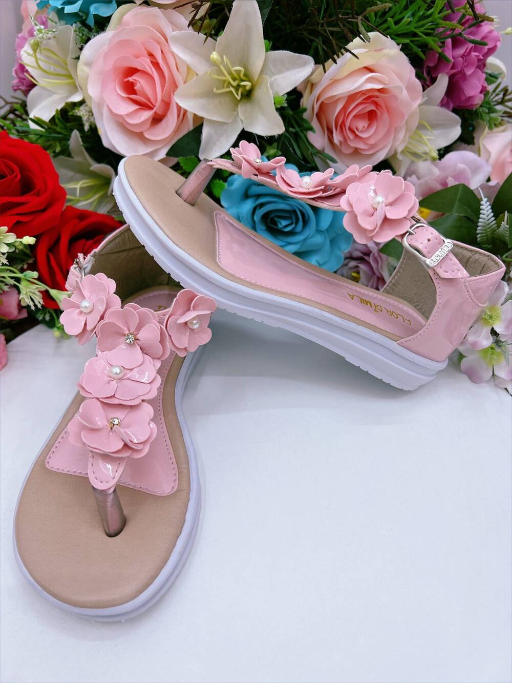 Sandália Infantil C/ Flor Pérolas e Strass Rasteira Rosa