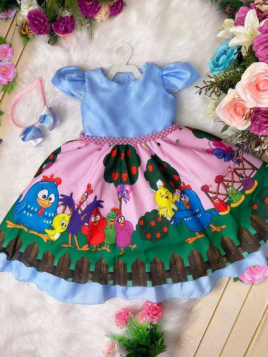 Vestido Infantil Galinha Pintadinha Azul Cinto Pérolas C/ Tiara