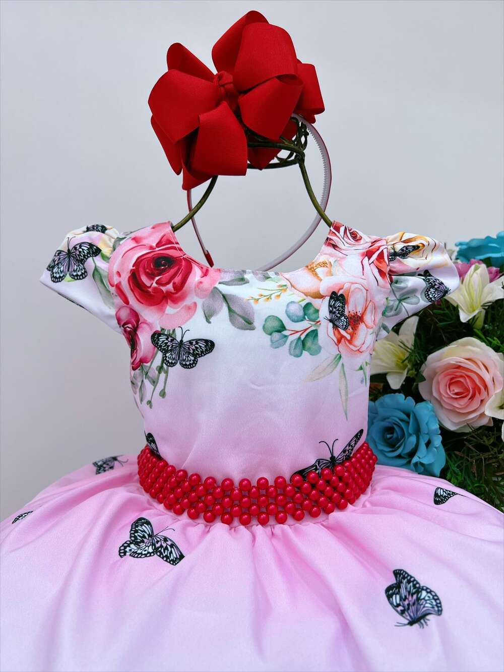 Vestido Infantil Rosa e Branco Borboletas Cinto de Pérolas