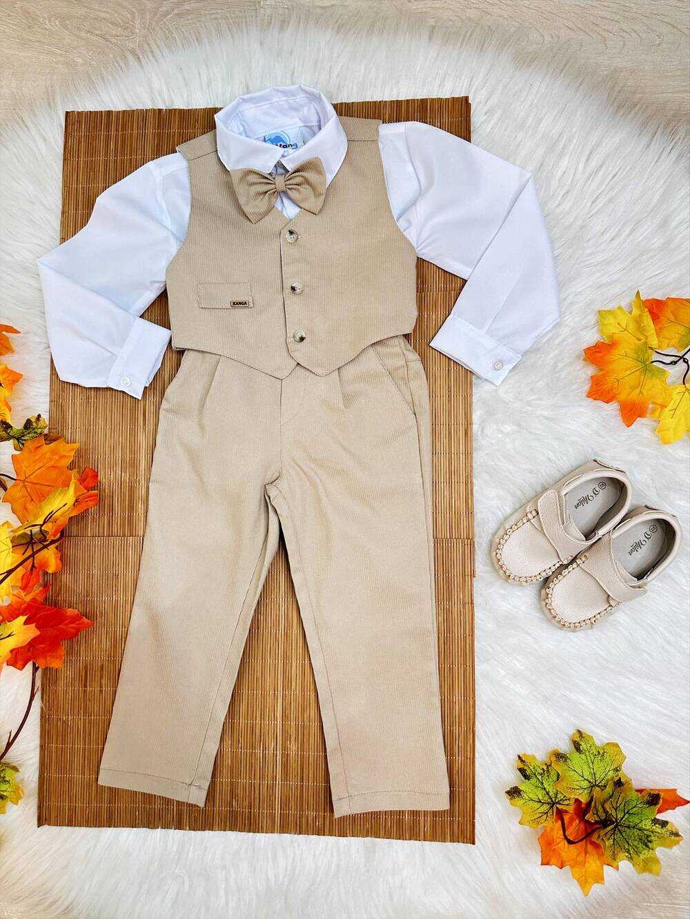 Conjunto Social Colete Calça Gravata Caqui e Camisa Branca