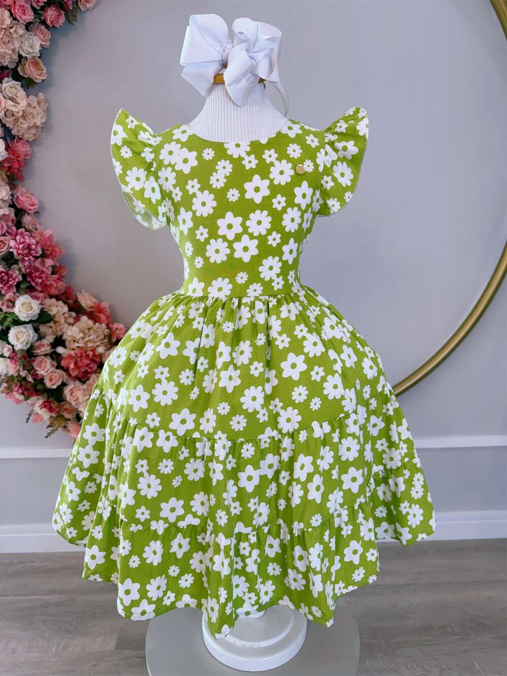 Vestido Infantil Primavera Verão Verde Lima C/ Margaridas